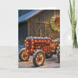 Weihnachtsroter Bauernhof-Traktor mit leuchtendem  Karte