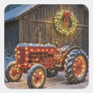 Weihnachtsroter Bauernhof-Traktor mit leuchtendem Quadratischer Aufkleber
