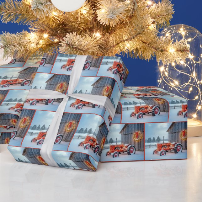 Weihnachtsroter Bauerstraktor im Schnee Geschenkpapier (Feiertage)