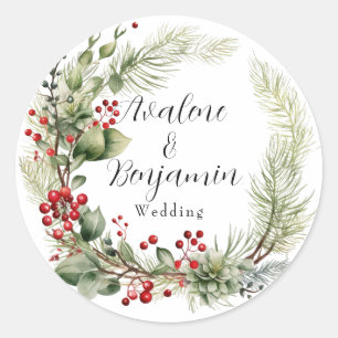 Weihnachtsroter Beeren Tannennadeln Kranz Hochzeit Runder Aufkleber