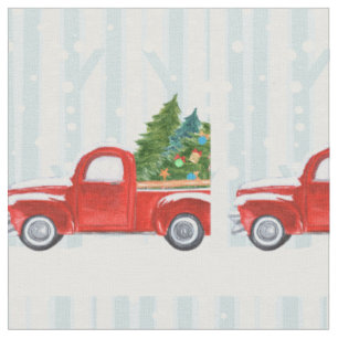 Weihnachtsroter Lieferwagen auf der Schneestraße Stoff