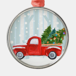 Weihnachtsroter Lieferwagen-LKW auf einer Ornament Aus Metall