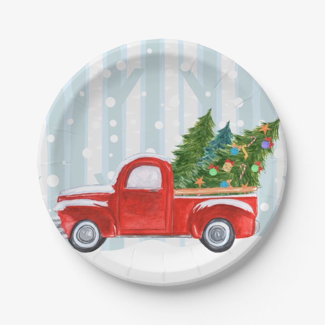 Weihnachtsroter Lieferwagen-LKW auf einer Pappteller (Vorderseite)