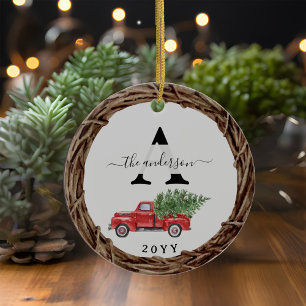 Weihnachtsroter LKW Familienmonogramm & Foto Keramik Ornament