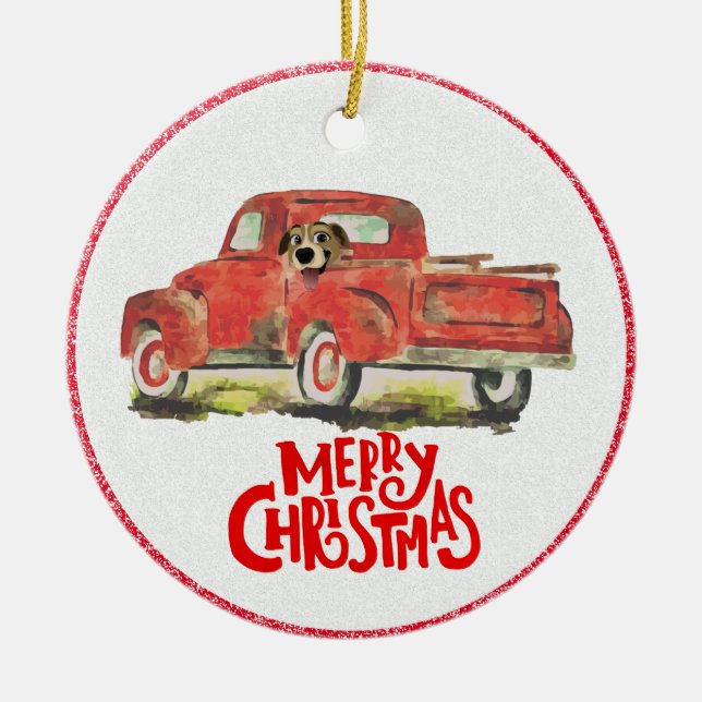 Weihnachtsroter Lkw Foto Keramik Ornament (Vorne)