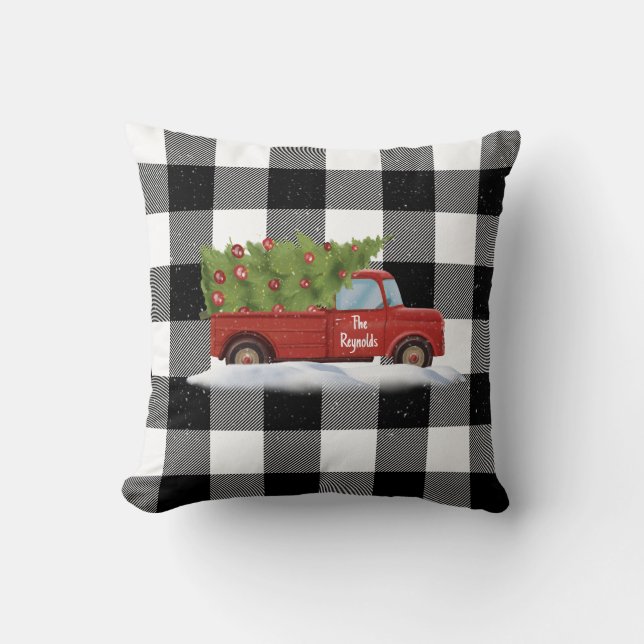 Weihnachtsroter LKW Kariert mit Name Kissen (Vorderseite)