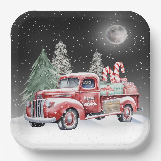 Weihnachtsroter LKW mit Candy Canes Pappteller (Vorderseite)