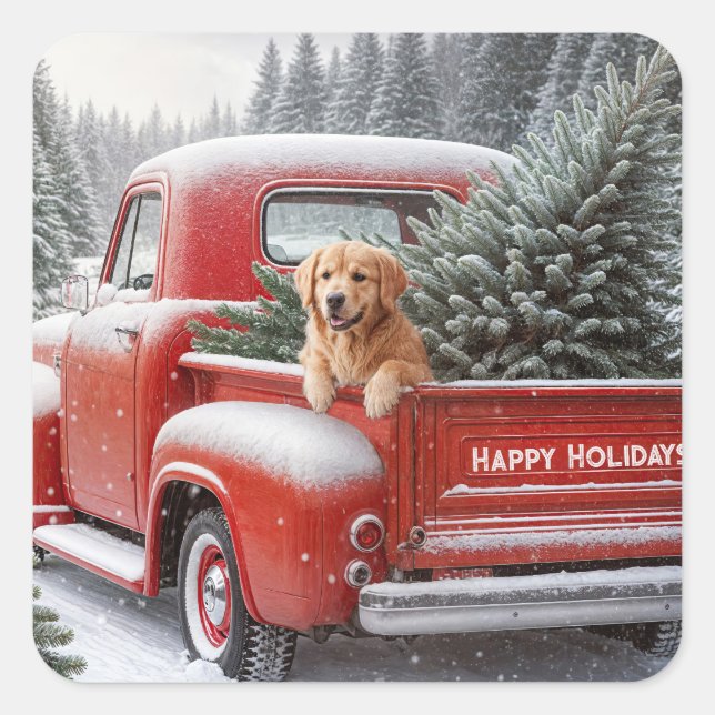 Weihnachtsroter LKW mit Goldenen Retriever Quadratischer Aufkleber (Vorderseite)