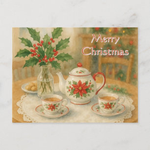 Weihnachtsroter Poinsettia-Teekanne Postkarte