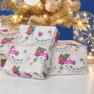 Weihnachtsroter rosa LKW mit Baum und Wünschen Geschenkpapier