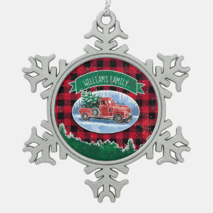 Weihnachtsroter Vintager LKW Buffalo Karierter Nam Schneeflocken Zinn-Ornament