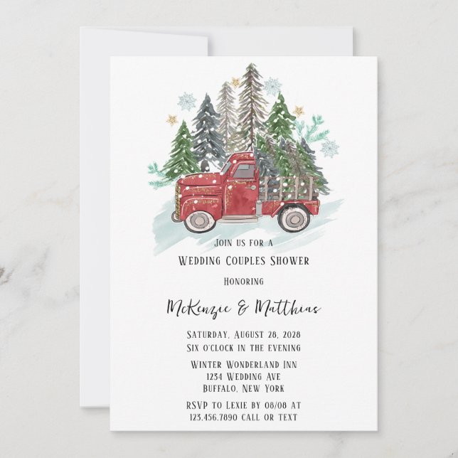 Weihnachtsroter Vintager Lkw und Baumhochzeit Einladung (Vorderseite)