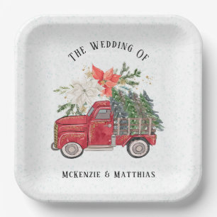 Weihnachtsroter Vintager Lkw und Baumhochzeit Pappteller