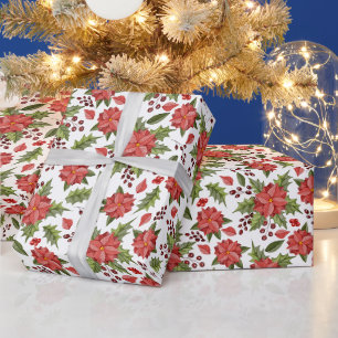 Weihnachtsroter Weihnachtsstern und Beeren Geschenkpapier