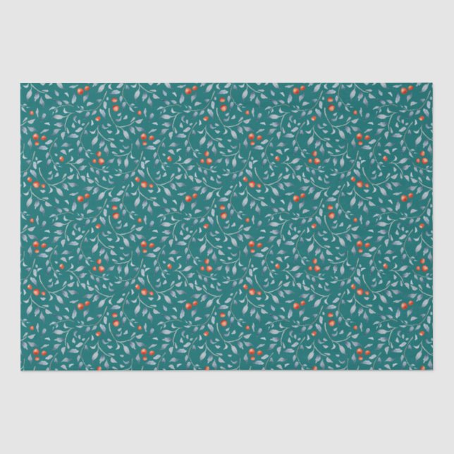 Weihnachtsrotes Beerenmuster Moderne aquamarine Mo Seidenpapier (Vorderseite)