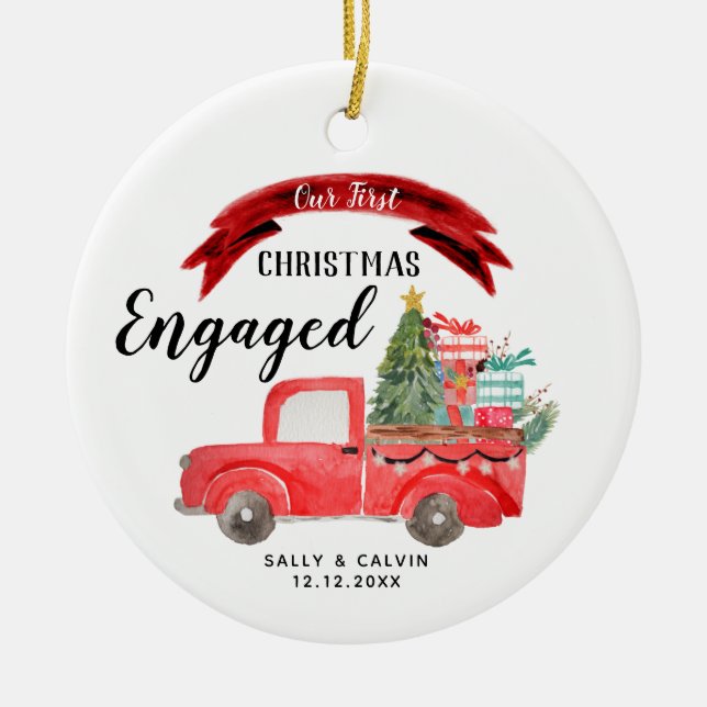 Weihnachtsrottruck 1. Weihnachten Verlobt Keramik Ornament (Vorne)