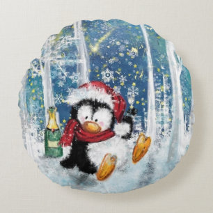 Weihnachtsrundkissen mit Happy Pinguin Rundes Kissen