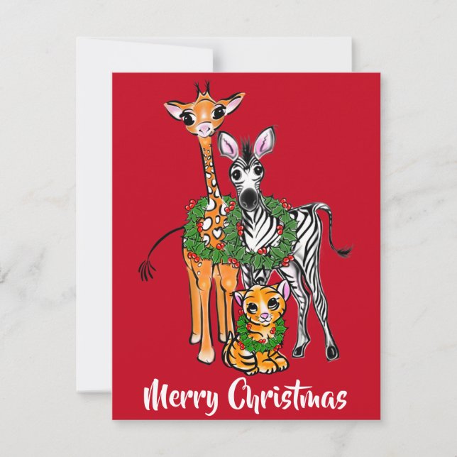 Weihnachtssafari, Zebragiraffe Löwe Mitteilungskarte (Vorderseite)