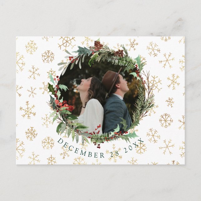 Weihnachtssaison Hochzeit speichern Datum Ankündig Ankündigungspostkarte (Vorderseite)