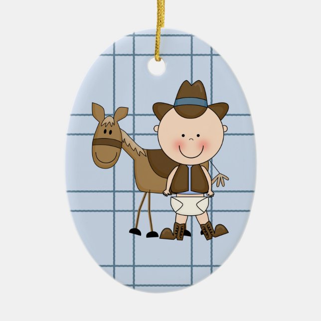 Weihnachtssammlungs-Baby-Cowboy-Pferd Keramik Ornament (Vorne)