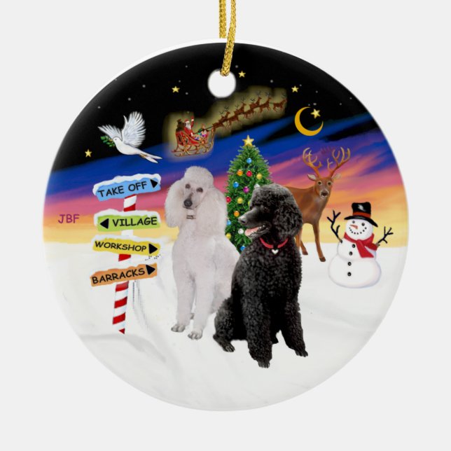 Weihnachtsschilder - Zwei Standard-Poodles (B+W) Keramikornament (Vorne)