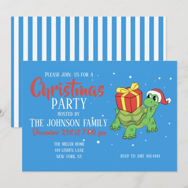 Weihnachtsschildkröte mit dem Geschenk Einladung (Vorne/Hinten)