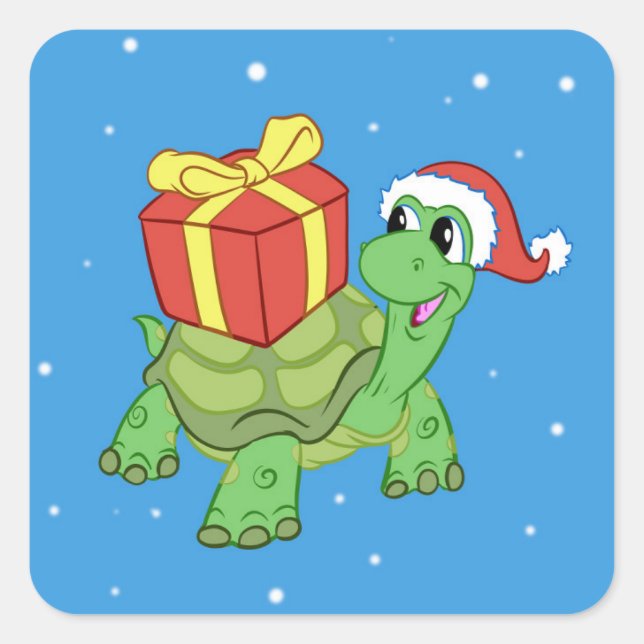 Weihnachtsschildkröte mit dem Geschenk Quadratischer Aufkleber (Vorderseite)