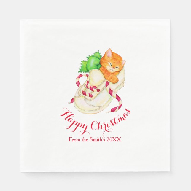 Weihnachtsschläfer Katze Rot-Weiß-Papierservietten Serviette (Vorderseite)