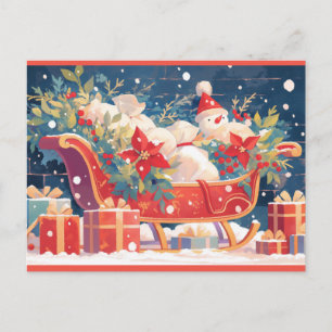Weihnachtsschlitten mit Geschenken und Schneemann Postkarte