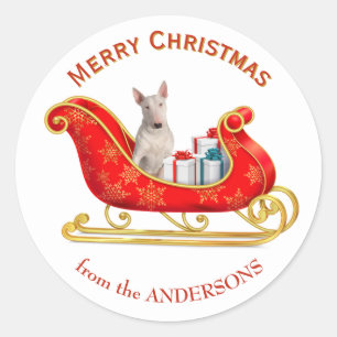 Weihnachtsschlitten Weißer Bull Terrier Hund Runder Aufkleber