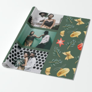 Weihnachtsschmuck Aquarellfarben Foto Collage Grün Geschenkpapier