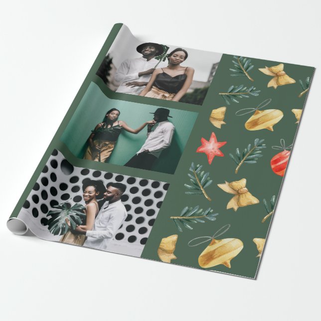 Weihnachtsschmuck Aquarellfarben Foto Collage Grün Geschenkpapier (Ungerollt)