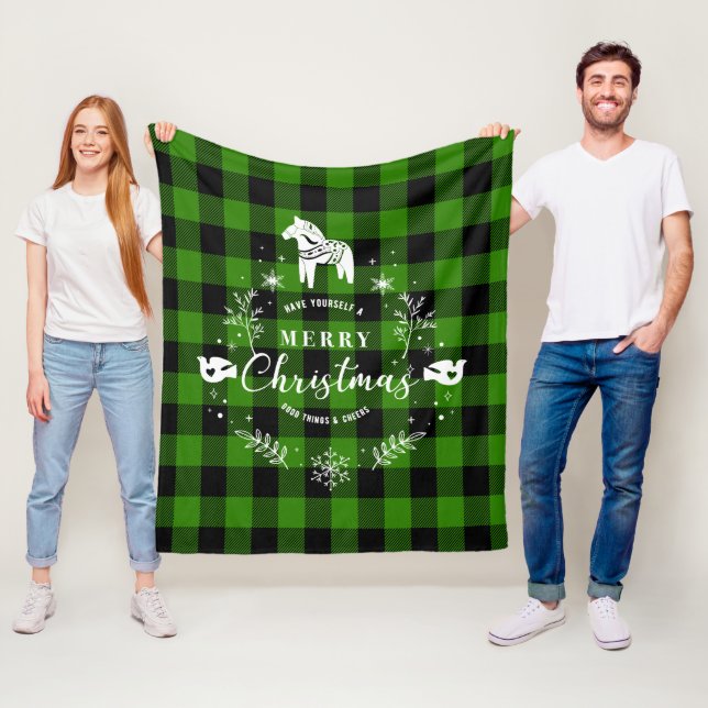 Weihnachtsschmuck auf kariertem Schwarz-Grün-Muste Fleecedecke (Beispiel)