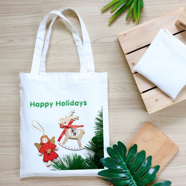 Weihnachtsschmuck auf Weißen Tragetaschen (Red Christmas Ornaments on White Tote Bags
)