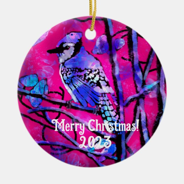 Weihnachtsschmuck - Blue Jay Pink Abstrakte Kunst (Vorne)