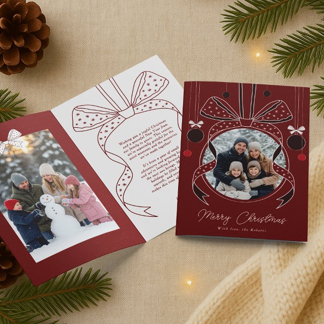 Weihnachtsschmuck Einzigartiges Band zwei Fotos Karte (elegant whimsical bows and Christmas ornament photo holiday greeting cards in red & white)