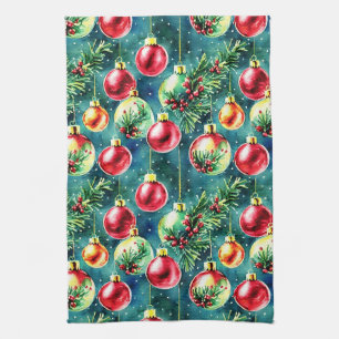 Weihnachtsschmuck in Aquarellen, rot und Aquamarin Geschirrtuch