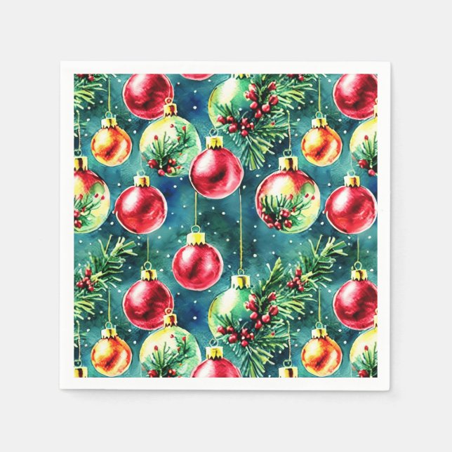 Weihnachtsschmuck in Aquarellen, rot und Aquamarin Serviette (Vorderseite)