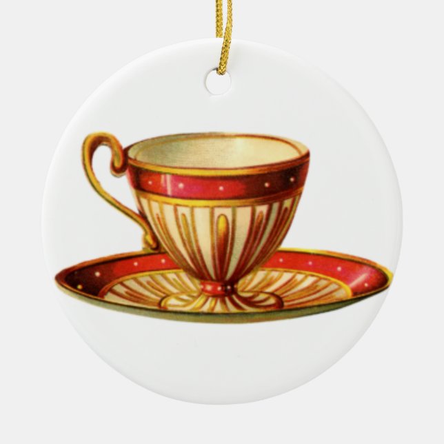 Weihnachtsschmuck Keramik Roter Teacup Gold (Vorne)