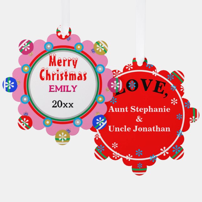 Weihnachtsschmuck Pink Red GIRL'S NAME Ornament Karte (Vorderseite/Rückseite)