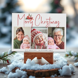 Weihnachtsschmuck und roter Bogen drei Foto-Collag Feiertagskarte
