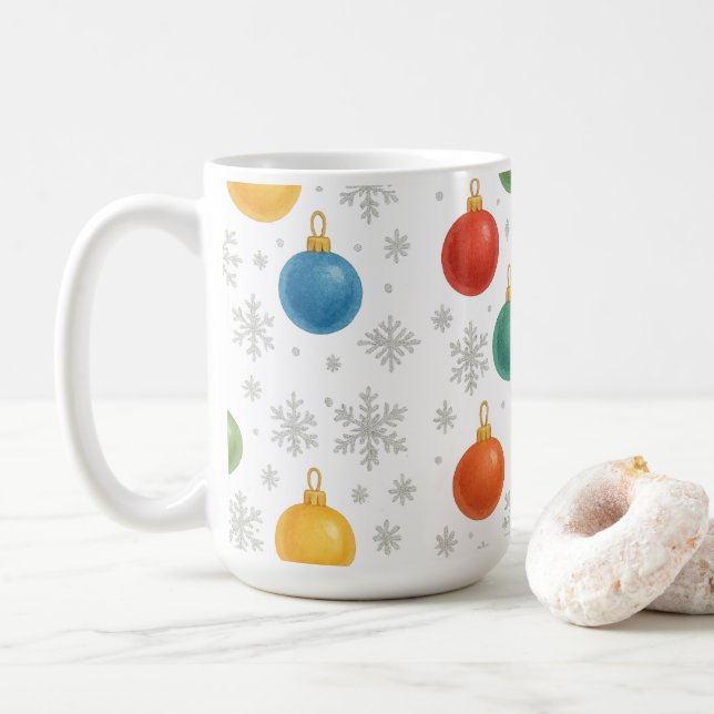 Weihnachtsschmuck und Schneeflocken - Kaffeetasse (Mit Donut)