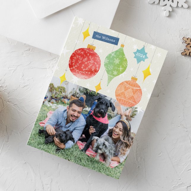 Weihnachtsschmuck Wasserfarbe Foto Postkarte (colorful watercolor painted Christmas ornaments with hand-drawn details one-photo holiday card)