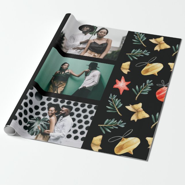 Weihnachtsschmuck Wasserfarben Foto Collage Black Geschenkpapier (Ungerollt)