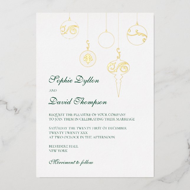 Weihnachtsschmuck Winter Green Wedding Gold Folieneinladung (Vorderseite)