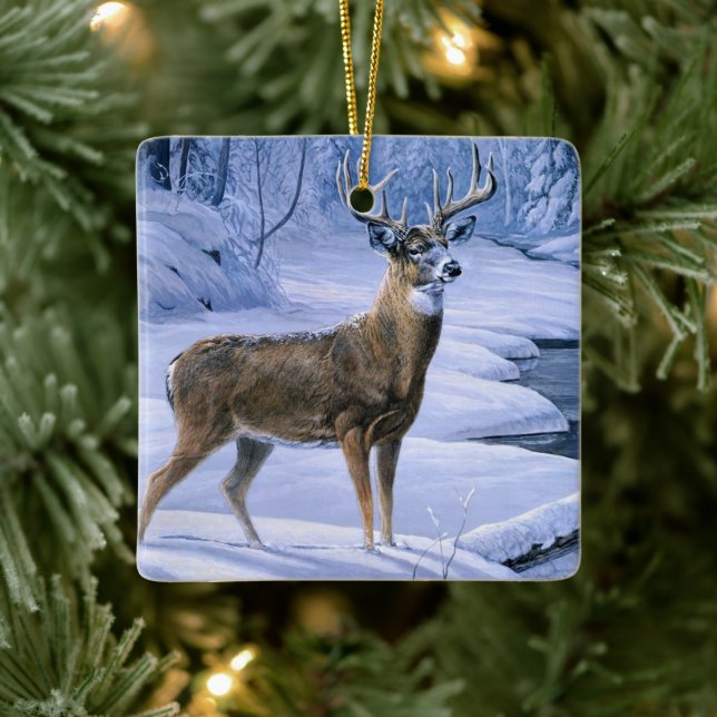 Weihnachtsschmuck-Winter Hirschszene Keramikornament (Baum)
