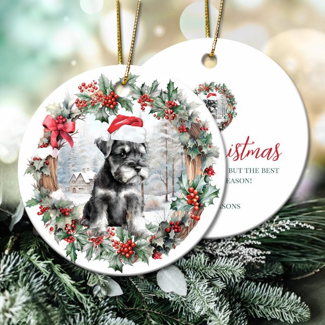 Weihnachtsschnauzer-Hündchen-Weihnachtsmannmütze Keramik Ornament (Christmas miniature schnauzer dog puppy Santa hat Ceramic Ornament)