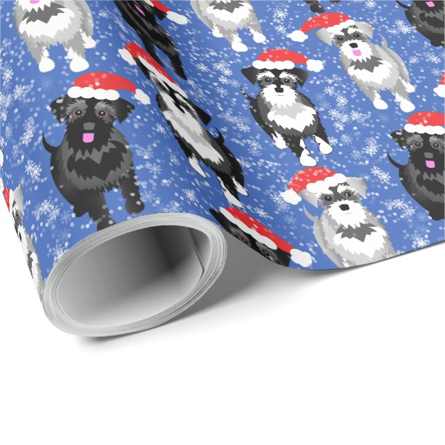Weihnachtsschnauzer in Weihnachtsmannmützen Blaue  Geschenkpapier (Rolleneckpunkt)