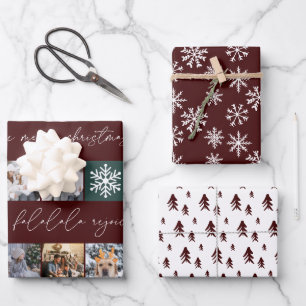 Weihnachtsschnee 8 Fotos Gitter Kiefer dunkelrot Geschenkpapier Set