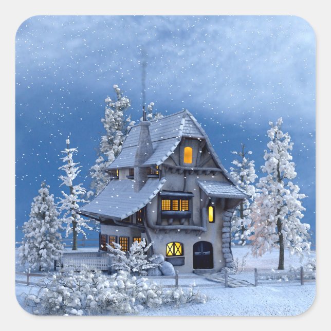 Weihnachtsschnee auf dem Lebkuchenhaus Quadratischer Aufkleber (Vorderseite)